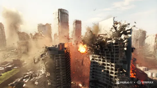 超真实，超震撼的大爆炸场景，视角处于爆炸中心[推进,晃动]，背景是崩塌现代城市。 by Hailuo AI Video Generator