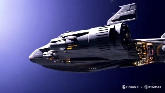 5 0:30-0:40 中景 从侧面拍摄飞船在太空中飞行的画面，飞船表面的精密机械结构在宇宙光线的照射下，呈现出逼真的材质质感。 镜头平移，保持飞船在画面中心。 轻微的宇宙风声，飞船飞行的气流声。 动态模糊效果持续，保持速度感。 by Hailuo AI Video Generator