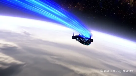 6 0:40-0:50 全景 飞船在宇宙中加速飞行，背景是广袤的宇宙深空，画面的冷色调和飞船的蓝色尾焰形成鲜明对比。 镜头拉远，旋转，展示飞船的飞行轨迹。 激昂的科幻音乐，飞船加速的音效。 动态模糊效果达到最大，强化速度感。 
7 0:50-1:00 远景 飞船逐渐远去，成为宇宙中的一个小点，最终消失在画面中，只留下深邃的宇宙背景。 by Hailuo AI Video Generator