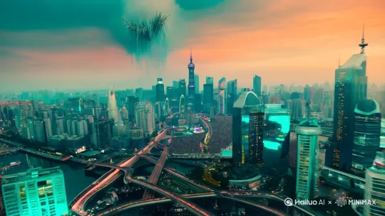 "3D科幻电影级巨型生物入侵都市，真实物理特效。生物为深海章鱼型怪物，触须撕裂摩天楼玻璃幕墙，引发城市崩塌。要求8K分辨率，HDR色调，动态模糊增强冲击力。" 
细节增强：
 "添加次元裂缝粒子特效，生物皮肤呈现磨砂金属质感，城市霓虹灯在冲击波中频闪。地面混凝土碎裂效果需符合真实物理规律，人群逃生动作采用卡通化处理避免血腥。" 
风格参数：
 "ultra-detailed, cinematic lighting, global illumination, 8k resolution, teal-orange color grading" 
 
二、运镜指令控制
关键镜头运镜方案：
 镜号  场景描述  运镜指令  参数设置  电影技法 

 1  外滩天际线出现空间扭曲   dolly_speed=1.2, motion_blur=0.7  希区柯克变焦+动态模糊 
 2  生物破水而出   pan_speed=0.5, aperture=1.4  广角畸变+浅景深聚焦 
 3  触须攻击高楼   shake_intensity=0.9, tracking_angle=45°  灾难现场混乱感 
 4  城市全景崩塌   camera_height=100m, focus_shift=0.5s  俯瞰式空间叙事 by Hailuo AI Video Generator