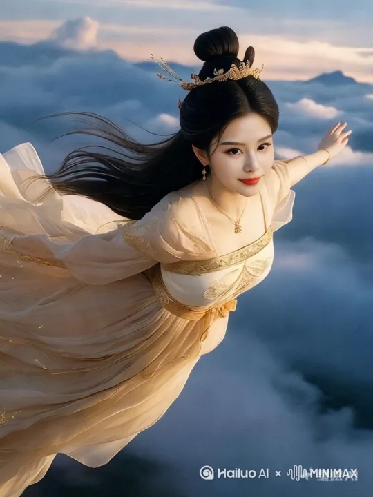 画面中的人在天空飞行，下面有高山，湖泊和树。快速高空跟踪镜头移动，无人机视角，一个超现实的高速梦境序列。平滑水平飞行的感觉。衣服随风摇摆，相机从略高位置的俯视角度紧密跟踪从左后方向右后方移动，保持对站立姿势的持续视角，随着角色迅速穿越场景。 by Hailuo AI Video Generator