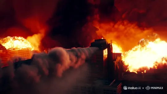 超真实，超震撼的大爆炸场景，视角处于爆炸中心[晃动,拉远]，视角近处有爆炸，背景是崩塌现代城市。 by Hailuo AI Video Generator