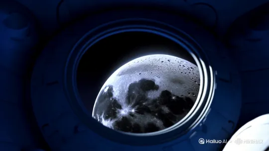10秒【地月转移】
从飞船舷窗视角展现地球弧线沉入宇宙黑暗，银色月球急速放大。转向推进器喷出六道幽蓝脉冲，姿态调整时舱内失重的水珠悬浮掠过镜头。 by Hailuo AI Video Generator