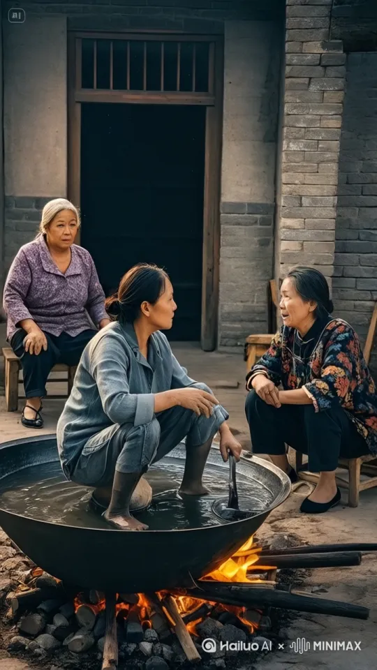 锅里热气腾腾，铁锅上方烟雾缭绕，锅里的大妈烫的跳到地上，表情痛苦的向远处飞奔而去，锅外面的两个大妈吓得目瞪口呆，镜头移动，动态跟随。 by Hailuo AI Video Generator