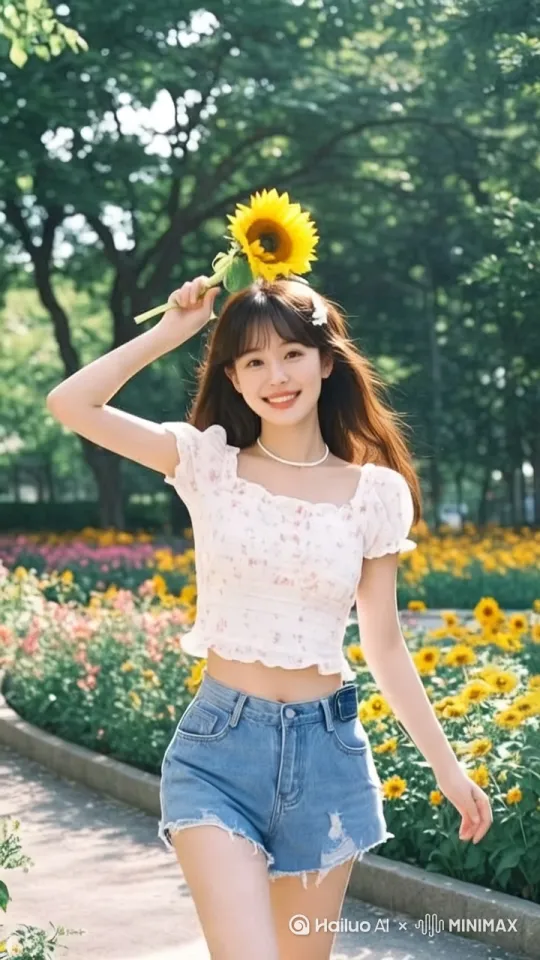 微风吹过美女发梢，美女笑着向前小跑两步，手中向日葵双手递向镜头 by Hailuo AI Video Generator