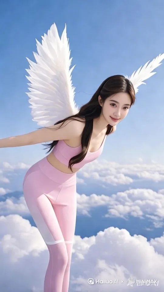 8K高清，现代肤白貌美的金黄长发美女，五管精致。身着淡粉色紧身运动衣，背后洁白发光羽翼轻扇，于高空翱翔。她微微低头，眼神好奇欣喜，俯瞰下方。蓝天白云如画，低角度镜头展现优雅身姿，人物动作丝滑，似仙境精灵 。 by Hailuo AI Video Generator
