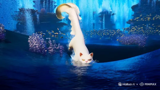 深蓝海底秘境中一只通体雪白的神圣猫妖舒展着布满发光鳞片的鱼尾从幽暗海沟跃出，周身环绕晶莹气泡与磷光水母，上半身破浪而出时溅起钻石般的水花，金色瞳孔倒映着穿透海面的耶稣光，绸缎般的毛发在海风中飘扬，身后是若隐若现的珊瑚城堡与鱼群漩涡，鱼尾末端泛着珍珠母贝光泽，浪尖凝结的冰晶与猫须上的海水珠折射出七彩光晕，采用超现实风格搭配水下丁达尔光线，以蓝金为主色调呈现威严与灵动并存的史诗感。 by Hailuo AI Video Generator
