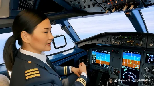图片上的女士在开飞机 by Hailuo AI Video Generator