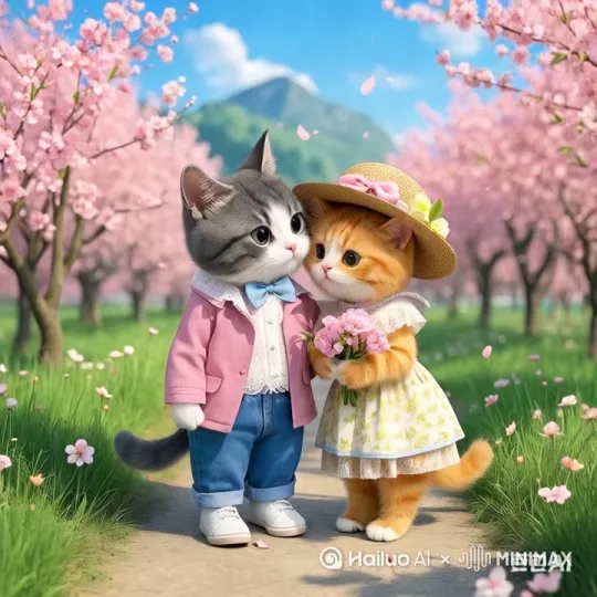 谈恋爱，小黄猫慢慢贴近小灰猫 by Hailuo AI Video Generator