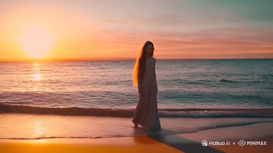 帮我做一个长发美女，在一个平静的夕阳照射的沙滩上走的图片 by Hailuo AI Video Generator