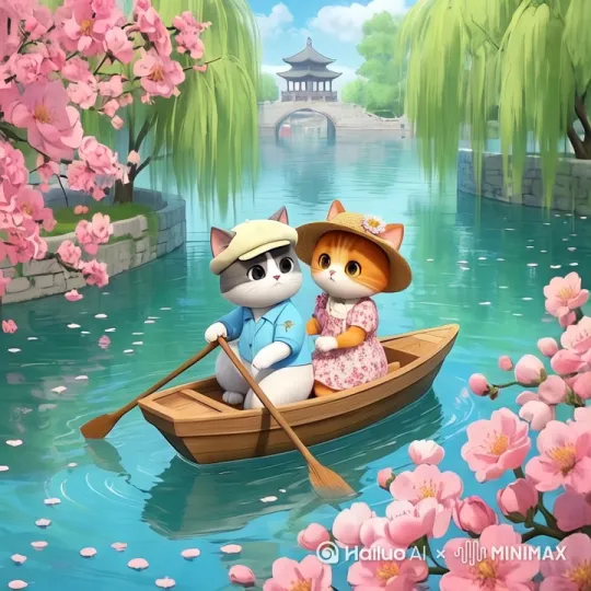 小灰猫，划动船桨，使小船前行[左移,右摇,跟随] by Hailuo AI Video Generator