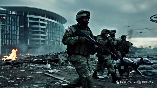 [右移,跟随]现代城市废墟中，1名俄罗斯士兵特写，全副武装，带头盔，手持AK-74自动步枪，身穿城市迷彩，行走在残垣断壁的街头，身边跟着三位战友和两只机器狗，身边有火焰在燃烧，背景为坦克和步兵战车，空中有无人机飞行，电影大片即视感，高清8K画质 by Hailuo AI Video Generator