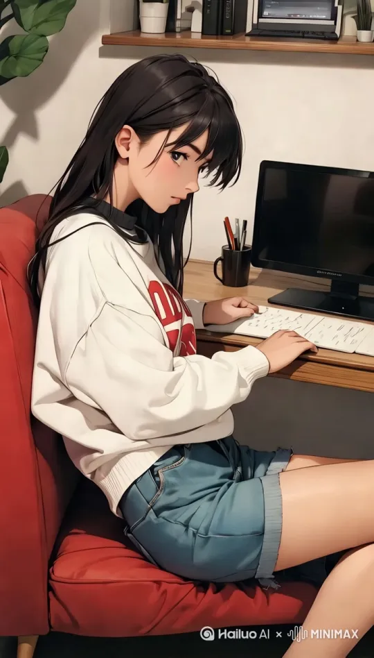 女孩转头看向电脑，双手敲起了键盘，电脑屏幕亮起，里面有个女孩 by Hailuo AI Video Generator