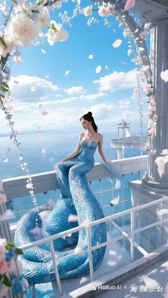 模特向大海飞去，服饰随风飘荡，大风吹过 by Hailuo AI Video Generator