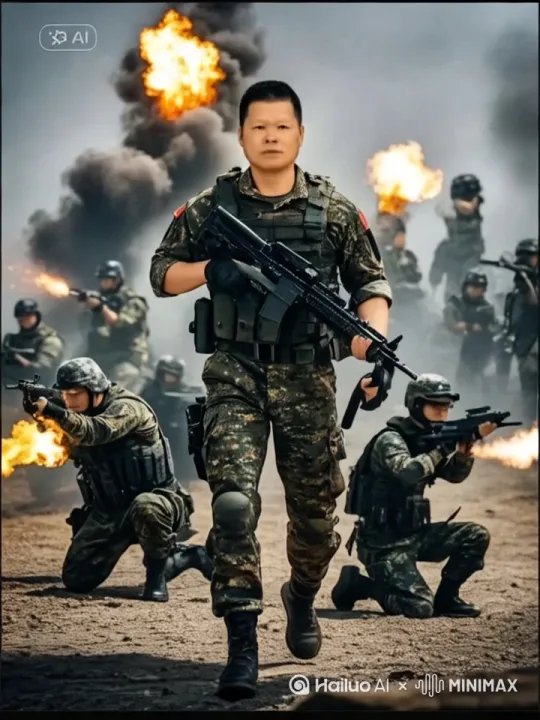 现代战争场景，一名身穿战术防弹衣的男人战士手持AK-12突击步枪在残破城市中战斗，动态射击姿势，弹壳飞溅，硝烟弥漫，混凝土碎屑四溅，阴云密布的天空，写实风格与赛博朋克光影结合，4K细节" by Hailuo AI Video Generator