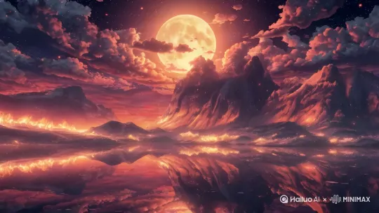 一轮巨大的明月高悬在天际，散发出炽热的橙红色光芒，仿佛要将整个天空点燃。云层被染成了火焰般的色彩，层层叠叠地堆积在天空中，形成一幅壮丽的画卷。山脉在月光和云层的映衬下，显得巍峨而神秘，山峰如同燃烧的火焰一般，散发着耀眼的光芒。地面的水面如同一面巨大的镜子，清晰地倒映着天空中的景象，使得整个画面更加深邃和梦幻。火焰般的云彩在水中的倒影与真实的火焰相互呼应，仿佛天地间的一切都在燃烧，充满了无尽的能量和动感。整个画面充满了强烈的视觉冲击力和戏剧性，仿佛置身于一个奇幻的世界中，令人陶醉其中。 by Hailuo AI Video Generator