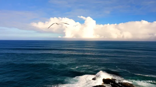 大海，海浪扑打着礁石，蓝天白云上飞翔着一群海鸥，海鸥不听的传来鸣叫声 by Hailuo AI Video Generator