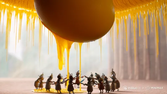 一个破碎的鸡蛋流出金黄的蛋液，一群小人站在鸡蛋下面正在拿着工具清理着流淌的蛋液[变焦推进] by Hailuo AI Video Generator