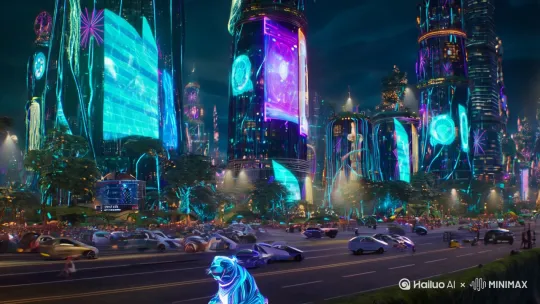 镜号
景别
画面
时长
运镜
音效
1
全景
夜幕笼罩下，赛博朋克风的城市宛如一片光怪陆离的电子丛林。高耸入云的摩天大楼表面，巨型全息广告屏闪烁着迷幻色彩，与街道上川流不息、车身散发幽光的悬浮汽车相互辉映。在这繁华喧嚣的城市中心，一座圆形舞台格外醒目。舞台上，一只赛博朋克风格的卡通小熊静静伫立。小熊周身缠绕着散发蓝紫色冷光的线条，身上镶嵌的各类科技感零件错落有致，在灯光下折射出未来感十足的光泽，整体散发着神秘而炫酷的气息。
5s
镜头从城市上空以缓慢且流畅的动作垂直下摇，最终稳稳落在舞台上的小熊身上
城市背景音中，汽车引擎的呼啸声、人们的嘈杂交谈声交织，同时，由电子合成器营造出的神秘氛围音如暗流涌动，逐渐变强
2
中景
随着动感电子音乐的节奏骤然响起，小熊活力满满地开始舞动。它的头部富有韵律地左右摆动，每一次摆动都精准契合音乐节拍。抬起的双手在胸前优雅地做着波浪式摆动，仿佛在空气中勾勒出灵动的线条。双腿微微弯曲，配合节奏轻快地小步跳动，脚步与舞台碰撞，发出清脆的踩踏声。
7s
镜头围绕小熊以顺时针方向匀速平移，全方位捕捉小熊的舞动姿态
动感电子音乐的强烈节奏主导音效，清晰的脚步踩踏声与音乐节奏相得益彰
3
近景
镜头迅速推进，聚焦在小熊的面部。此时，小熊的眼睛犹如两颗璀璨的宝石，闪烁着五彩斑斓的光芒，光芒随着它唱歌的节奏有规律地明灭。嘴巴一张一合，似乎正放声高歌，歌声在电子音效的点缀下，清晰而富有感染力地传出。
5s
运用推镜头技巧，从展示小熊身体的画面平稳推至小熊面部，实现画面的聚焦
小熊的歌声成为主要音效，电子音效在歌声间隙巧妙穿插，起到丰富听觉层次的作用
4
中景
镜头切换至舞台前方偏下位置，采用仰拍视角。小熊在镜头中全身入镜，只见它开始大幅度地旋转身体，双臂奋力向外伸展，好似要拥抱整个世界。随着身体的快速转动，小熊身上的发光线条愈发闪亮，犹如夜空中划过的流星轨迹，照亮了周围的一小片空间。
7s
保持仰拍角度固定，稳定捕捉小熊旋转的精彩瞬间
音乐节奏愈发强烈，在激昂的旋律中，小熊旋转带动的风声呼啸而过，增强画面的动感
5
全景
镜头迅速拉远，视野豁然开阔。此时，整个舞台以及周围围得水泄不通的人群尽收眼底。小熊在舞台上忘我地尽情唱跳，每一个动作都充满激情与活力。周围的人群被小熊的表演深深感染，纷纷跟着音乐节奏欢呼雀跃，手中挥舞的荧光棒与城市灯光相互交织，形成一片热闹非凡的景象。
8s
通过拉镜头手法，从舞台位置逐渐拉远至整个街道，展现出宏大的场景
人群震耳欲聋的欢呼声与音乐的高潮部分完美融合，营造出热烈的氛围
6
中景
镜头再次回到小熊。小熊重复着之前的经典动作，头部左右摆动、双手胸前波浪摆动以及小步跳动，动作熟练且充满节奏感，每一个细节都精准无误，仿佛在向观众展示它扎实的舞蹈功底。
7s
镜头以侧面平移的方式，平稳跟拍小熊的动作，让观众清晰看到小熊侧面的姿态变化
音乐节奏持续强劲，动作音效与音乐紧密配合，强化画面的节奏感
7
特写
镜头瞬间聚焦在小熊身上一个关键的科技零件上。这个零件突然爆发出一道极为耀眼的光芒，光芒呈环状迅速向外扩散，照亮了小熊身体的局部区域，周围的空气仿佛都因这光芒而微微扭曲，充满了科幻感。
5s
镜头紧紧锁定在零件上，运用推镜头技巧，进一步突出光芒扩散的效果
光芒扩散时发出强烈的音效，在持续的音乐背景下，成为引人注目的听觉焦点
8
全景
小熊停止唱跳，稳稳地站在舞台中央，随后优雅地向四周鞠躬致意。城市的灯光依旧闪烁，五彩斑斓的光线勾勒出城市的轮廓。画面逐渐暗去，只留下淡淡的城市背景音和人群逐渐减弱的掌声，仿佛在诉说着这场精彩表演的落幕。
8s
镜头从舞台上方向上缓缓拉远，画面逐渐虚化，营造出落幕的氛围
音乐声渐弱，人群的掌声也随之慢慢消散，给整个视频画上一个圆满的句号[变焦拉远] by Hailuo AI Video Generator