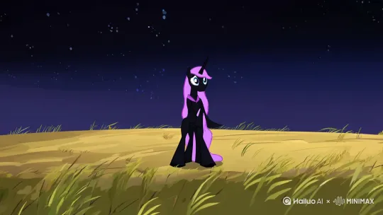 My Little Pony's Princess Celestia stands on withered grass and looks up at the sky with a horrified expression, and the camera pans quickly upwards to show Nightmare Moon soaring with her back to the moonlight[推进,上升] by Hailuo AI Video Generator