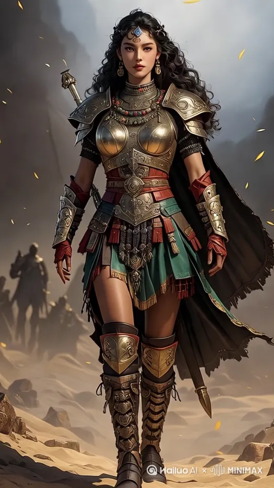 镜头聚焦到女战士的身上，女战士向着镜头往前走，突出女战士的勇往直前的气势 by Hailuo AI Video Generator