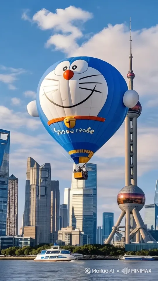 明亮阳光下的都市风光，蔚蓝天空与洁白云朵映衬着繁华的城市天际线。一只巨型蓝白相间的"哆啦A梦"主题热气球悠然飘荡，下方黄浦江上一艘游轮正破浪前行。热气球上欢声笑语，乘客们手握栏杆，兴奋地眺望四周。东方明珠塔与摩天大楼群构成标志性背景，彰显上海的现代魅力。画面采用环绕运镜，从左至右展现热气球与船只的动态轨迹，营造出一种欢快而自由的氛围。广角镜头捕捉整个场景，呈现壮观的城市画卷。 by Hailuo AI Video Generator
