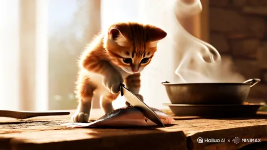 小猫拿着一把刀在台切鱼，旁边的锅水在沸腾冒着热气 by Hailuo AI Video Generator