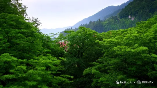 [推进]树林，[推进,上升]冲出森林，远处繁花绿草很多乡村楼阁，红砖瓦屋，[下摇,推进]俯视大草坪，池塘，大片菜地，有很被农民男女老少，孩童，牛羊鸡马，鸭 by Hailuo AI Video Generator