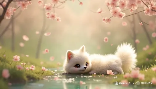 小狐狸轻轻的甩甩头，眼珠自然转动，身上的毛发微动，小溪水波纹，两侧青草微动 by Hailuo AI Video Generator