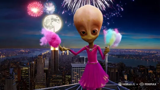 一个长相甜美带外星人在帝国大厦上一边跳舞一边吃棉花糖，俯瞰整个夜景，月亮很圆，有烟花 by Hailuo AI Video Generator