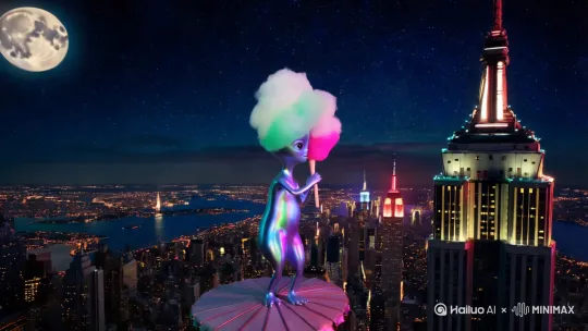 一个长相甜美带外星人在帝国大厦上一边跳舞一边吃棉花糖，俯瞰整个夜景，月亮很圆，有烟花 by Hailuo AI Video Generator