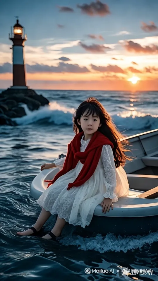 海浪拍打着灯塔，推动着小船在海中摇曳，海风吹着女孩的头发和衣服 by Hailuo AI Video Generator