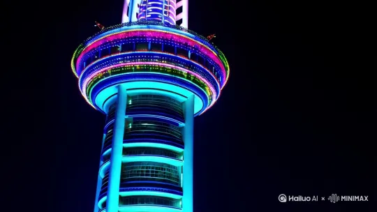 夜晚东方明珠塔后面出现一个奥特之王，双手从胸中间的指示灯由内向外展开，四周遍满了各种光线，显得夜晚格外绚丽。[推出,上升,下摇] by Hailuo AI Video Generator