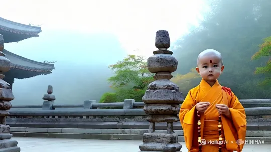 远景：晨曦中的古刹「灵隐寺」，镜头推进穿过缭绕香火下摇聚焦到站在柱子旁的主角"明心"面上（8岁小和尚，光头戴佛珠，眉心有朱砂印）高清画质 by Hailuo AI Video Generator