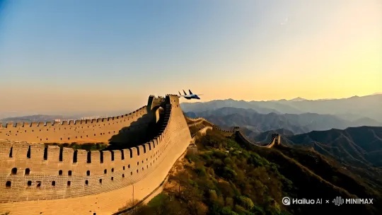 长城上空飞过7辆大型战斗机 by Hailuo AI Video Generator