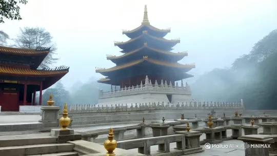 远景：晨曦中的古刹「灵隐寺」，镜头穿过缭绕香火聚焦到主角"明心"（8岁小和尚，光头戴佛珠，眉心有朱砂印）
近景：明心踮脚擦拭佛像，佛龛暗格突然弹出一支刻满梵文的青铜金刚杵（法器特写镜头）
 by Hailuo AI Video Generator