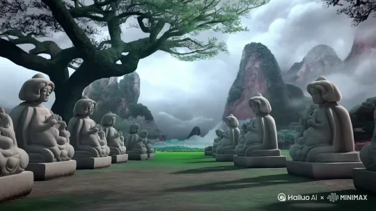 第一视角镜头:跌入水墨风幻境(AI国潮特效)
中景:明心发现被吸众人化作石像,空中漂浮着妖媚的九尾狐妖「赤练」
对峙镜头:赤练指尖缠绕红线(动态流体特效)「小秃驴,我要用万佛血打开魔界...」
by Hailuo AI Video Generator