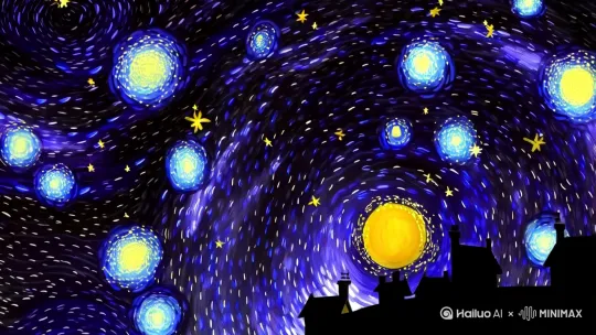 [下降,上摇]1. 以梵高《星空》为蓝本，蓝黑色调的夜空布满旋转的星云，金黄色的月亮和繁星散发光晕，呈漩涡状。地面是宁静的村庄，房屋轮廓在星光下若隐若现 ，线条以梵高式的粗狂笔触呈现，画面有流动感，时长15秒。
2. 夜晚，在梵高风格的世界里，天空如梦幻的海洋，星辰闪烁，漩涡状的星云涌动。一棵高耸的柏树像燃烧的火焰，旁边是错落的房屋。画面色彩浓郁，蓝与黄强烈对比，笔触奔放，镜头缓慢移动展示这幅星空美景。
3. 梵高风格的梦幻星空，深蓝与明黄交织。星云如汹涌的海浪，星辰是跳跃的火焰，月亮散发温暖光芒。村庄在下方，建筑线条柔和，与夜空动静结合。用粗粝的笔触和高饱和度色彩，营造奇幻氛围，视频时长20秒 。 by Hailuo AI Video Generator