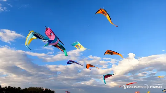 在蓝天白云的照耀下 ，各种各样的风筝在自由自在地飘舞着，飞升着，多么使人心旷神怡的景象啊 by Hailuo AI Video Generator