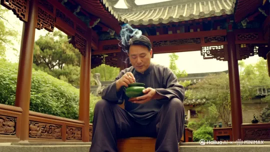北方40岁男人坐在四合院的茶歇亭中泡茶抽烟讲述自己的情感经历 by Hailuo AI Video Generator