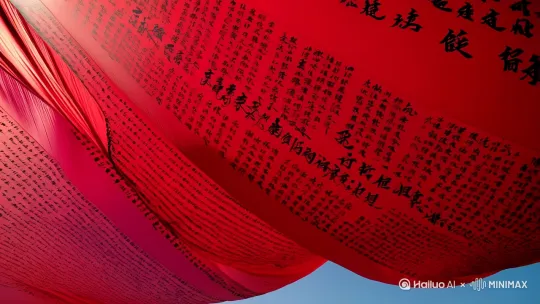 一块遮天蔽日的红绸布，飘荡在天地间，红绸布上黑色的中文字，写满了诗句。在地面的中间行走着一个驼队。驼队被这高大的红绸映衬的非常渺小。电影质感，中景，4K清晰度。 by Hailuo AI Video Generator