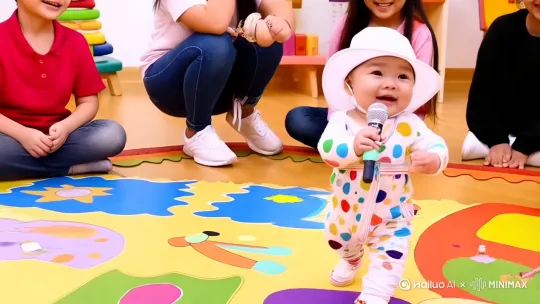 站在幼儿园的讲台上绘生绘色的讲着话 by Hailuo AI Video Generator