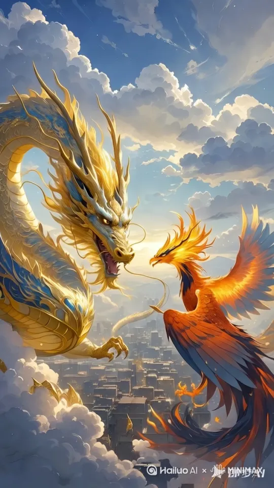 天空中发出金光，巨龙动起来，身体缓缓扭动，在天空中盘旋，火凤凰动起来，翅膀缓缓的拍动，云雾间金龙凤凰对峙，气势磅礴的场景，金龙和火凤凰动作自然流畅，符合逻辑，极致细节，无人机拍摄，镜头跟随巨龙和火凤凰移动，超真实动态捕捉。清晰自然，不模糊，高质量，没有瑕疵 

 by Hailuo AI Video Generator