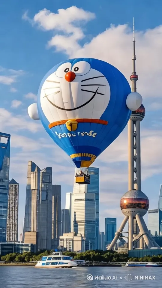 明亮阳光下的都市风光,蔚蓝天空与洁白云朵映衬着繁华的城市天际线。一只巨型蓝白相间的"哆啦A梦"主题热气球悠然飘荡,下方黄浦江上一艘游轮正破浪前行。热气球上欢声笑语,乘客们手握栏杆,兴奋地眺望四周。东方明珠塔与摩天大楼群构成标志性背景,彰显上海的现代魅力。画面采用环绕运镜,从左至右展现热气球与船只的动态轨迹,营造出一种欢快而自由的氛围。广角镜头捕捉整个场景,呈现壮观的城市画卷。 by Hailuo AI Video Generator