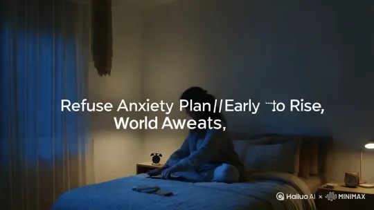【拒绝焦虑计划｜早睡早起的人先享受世界🌄】

🌙 停止在深夜当「思想巨人」
把焦虑调成飞行模式
清空大脑缓存
给情绪来一次深度关机
睡前原谅所有事
包括那个不够完美的自己

☀️ 早起是成年人最顶级的自律
当阳光成为你的起床闹钟
你会发现：
清晨6点的微风里
藏着全天的高效启动键
早餐的热气中
飘着未被焦虑打扰的小确幸

✨【人生待办清单更新提示】✨
✓ 23:00前和手机「物理分手」
✓ 允许自己当8小时的「生活离线玩家」
✓ 用深度睡眠兑换第二天活力金币
✓ 抓住晨间大脑黄金档升级认知系统

🌟 焦虑反义词是具体
把「我好累」换成「我需要睡」
把「来不及」调成「慢慢来」
当生物钟与自然同频
每个醒来的清晨都是系统重启成功提示

💡 记住：
早睡是给今天的温柔句号
早起是和未来的提前击掌
那些你坚持的规律作息
终将兑换成
对生活的掌控感

🌈 从今天起
做自己的「焦虑整理师」
早睡早起的人生
连焦虑都会自动开启勿扰模式✨

（配图建议：日出/闹钟/微笑起床的治愈系插画） by Hailuo AI Video Generator