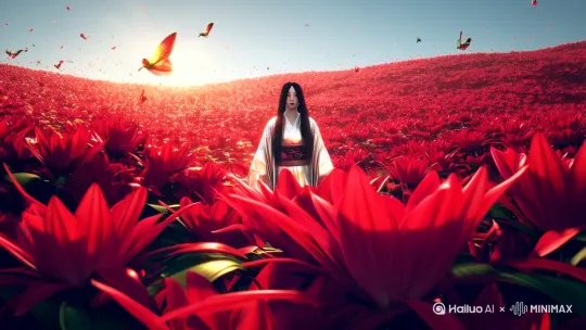 红色的彼岸花海，CG艺术，接近真实质感的3D艺术，数字绘画，和服旗袍少女在花海中中。神秘感，唯美感，逆光勾勒人物面部线条，黑色长发，顺长直的长发，丝绸反光面料的和服，周围飞着发光蝴蝶，人物散发着光芒。不常规冲突感的构图，首先是宁静的花海，先远景，镜头高速往前推，周伟花海也快速移动，[推出,上升,下摇][推出,上升,下摇]推至中景，然后缓慢推向人物脸部 by Hailuo AI Video Generator