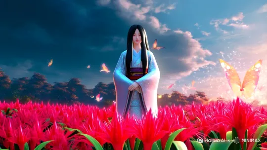 红色的彼岸花海，CG艺术，极致的人物建模，华丽的美丽的二次元感的人物模型，及其真实的花的质感，接近真实质感的3D艺术，数字绘画，和服旗袍少女在花海中中。神秘感，唯美感，逆光勾勒人物面部线条，黑色长发，顺长直的长发，丝绸反光面料的和服，周围飞着发光蝴蝶，人物散发着光芒。不常规冲突感的构图，首先是宁静的花海，先远景，镜头高速往前推，周伟花海也快速移动，[推出,上升,下摇][推出,上升,下摇]推至中景，然后缓慢推向人物脸部，有一种第一人称视角从花丛穿梭的感觉。最后到美女 by Hailuo AI Video Generator