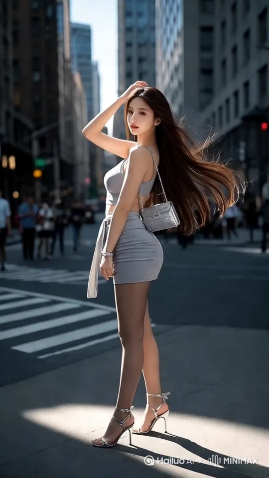 "都市时尚大片，长发及腰的高挑美女，肌肤胜雪，面容姣好，身材丰腴有致。她身着灰色休闲裙装两件套，搭配超薄肉色丝袜，脚踏银色细带高跟凉鞋，左肩斜挎精致银色小包。在繁忙的城市街道上，她右手轻抚前额，往后潇洒地拂过柔顺的发丝，发梢随风飞舞。阳光斜洒，映照出她修长的身影与优雅的侧身，完美展现腿部曲线和发丝的飘动感。镜头从左侧缓缓摇动推进，[左摇,推进]捕捉每一个高清晰度的细节，营造出电影级质感的柔光人像摄影效果。背景高楼林立，行人匆匆，构成一幅生动的都市画卷。中景至近景的优雅转身，尽显女性魅力 固定镜头" by Hailuo AI Video Generator