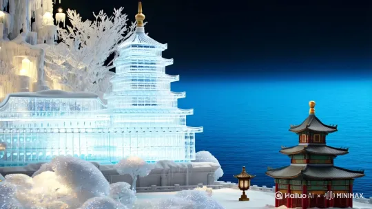 ​​场景分为左右两个部分，中间用一条边界隔开。边界左侧是一个在冰雪覆盖的世界中，一座微型天坛冰雕映入眼帘。由晶莹剔透的冰块精心雕刻，细节精致，屋顶的冰晶瓦片反射出耀眼光芒，古风建筑展现出、祥云等传统元素。周围的冰雪树木和雕刻宫灯增添了梦幻气氛。高清8K画质呈现出每一处细节，光影流动间，古老与现代完美融合，边界右侧是一个蔚蓝的大海，海里有一条浅蓝色的龙，龙的鳞片清晰分明，龙面对着右侧，龙打破画面中间的边界，穿过边界一跃飞向左侧的冰雪覆盖的屋顶上 by Hailuo AI Video Generator