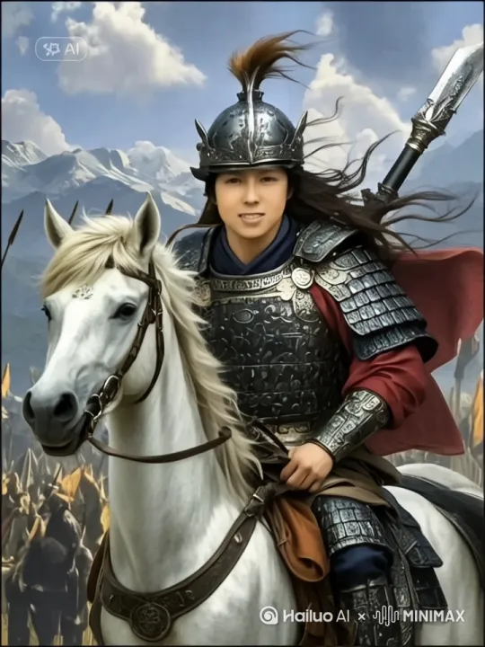 女将军抖动缰绳，两腿用力，战马嘶鸣前腿高高跃起向前奔腾，身旁景物不断快速后移[推进,上升] by Hailuo AI Video Generator